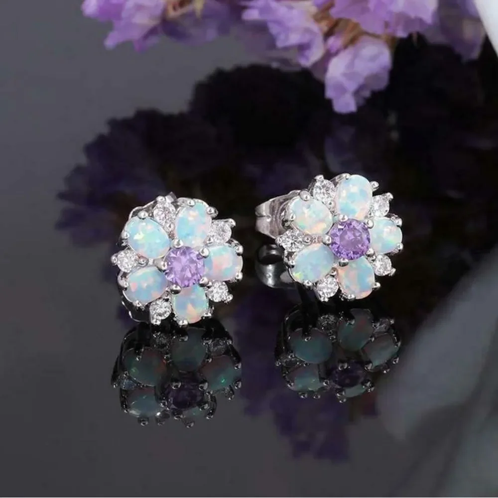 .925 Sterling Silver with White Fire Opal and Amethyst Flower Stud Earrings